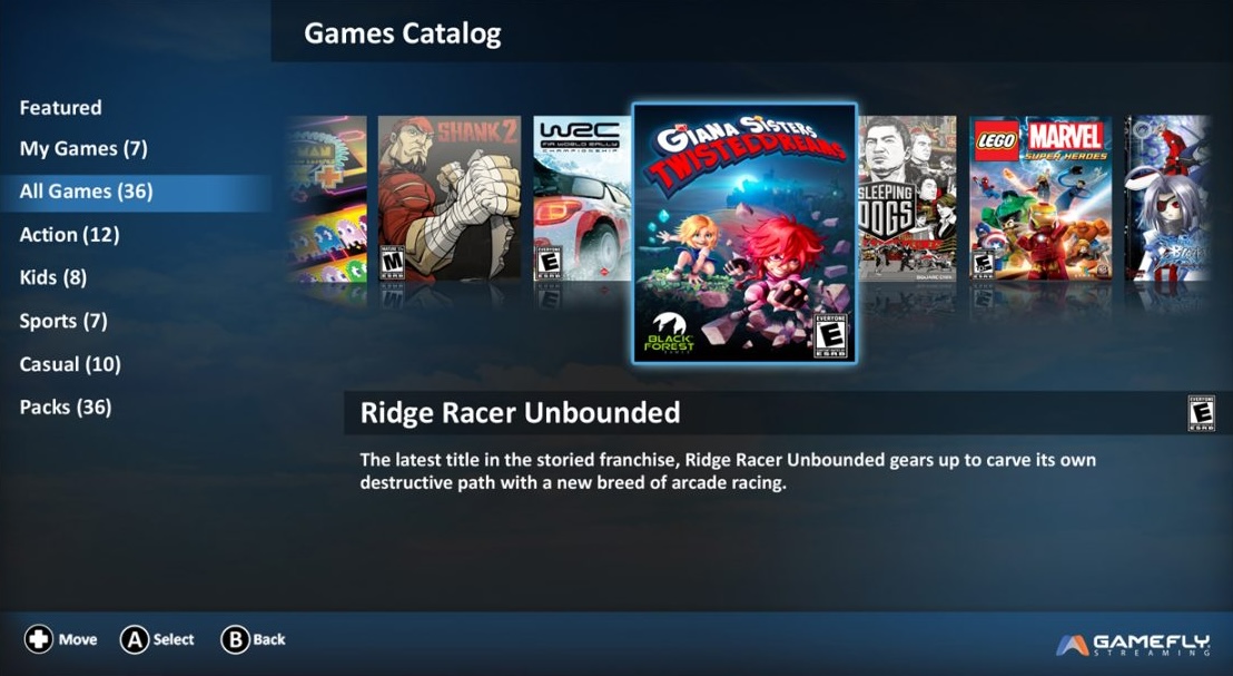 GameFly Streaming — 10-foot Games Catalog UI on Smart TV